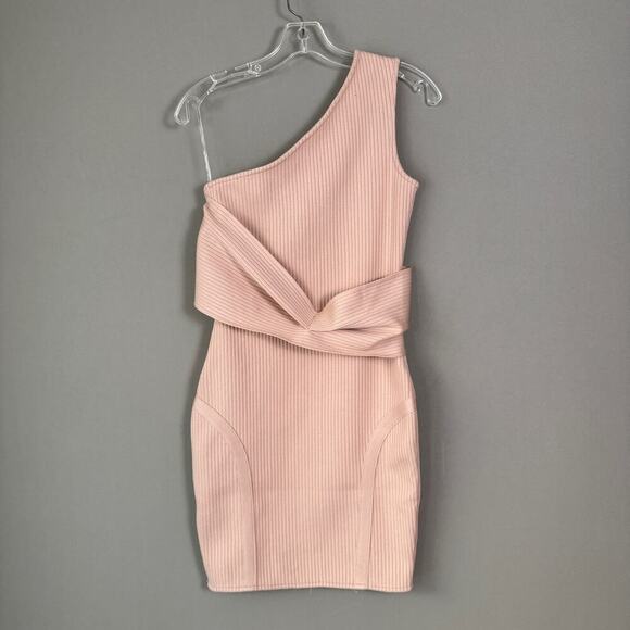 Bella Barnett sz S pink asymmetrical shoulder strap fitted‎ knit mini dress NWOT - Picture 1 of 10